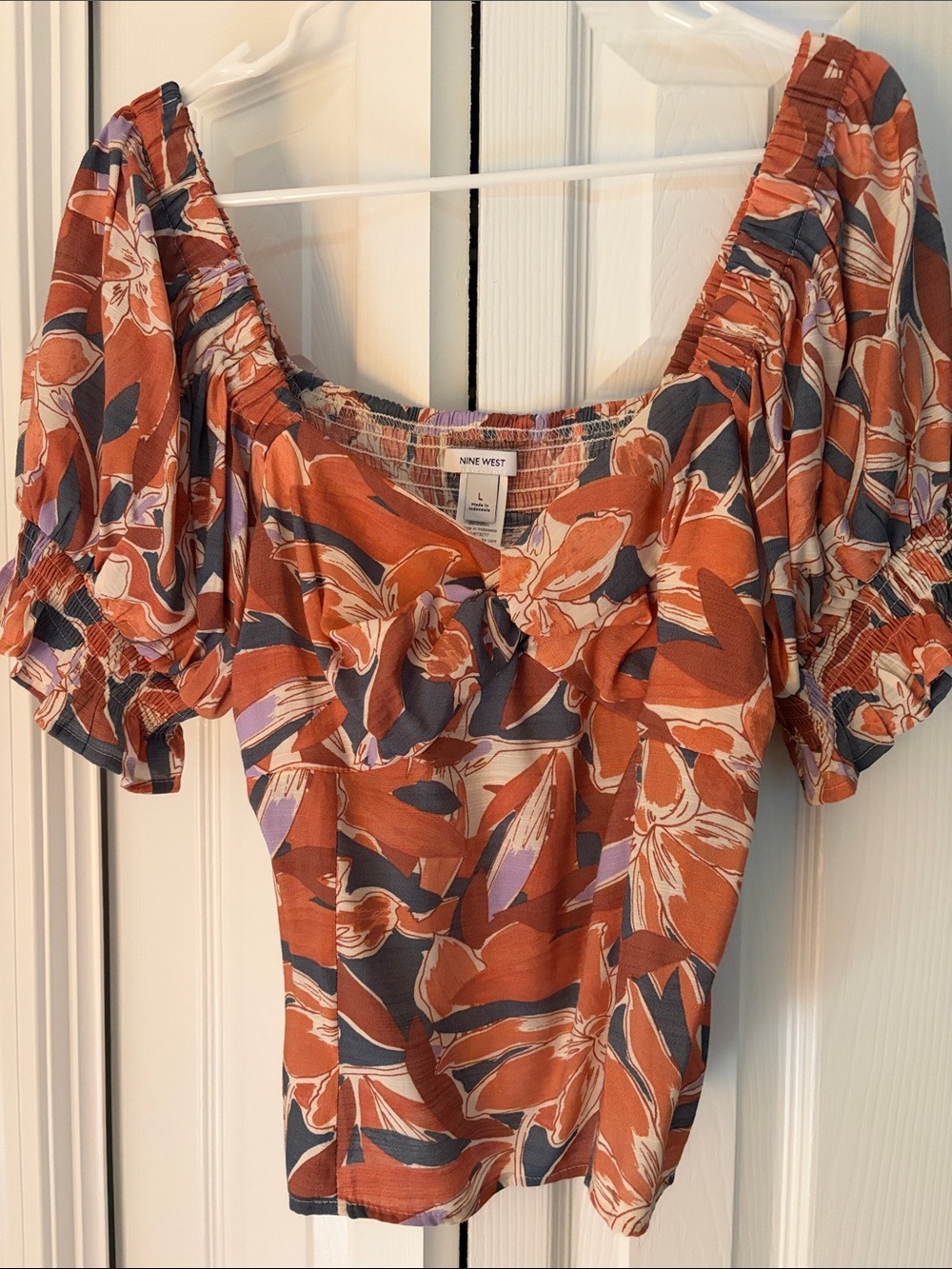 Nine West Rust Floral Square-Neck Puff Sleeve Blouse size Large
